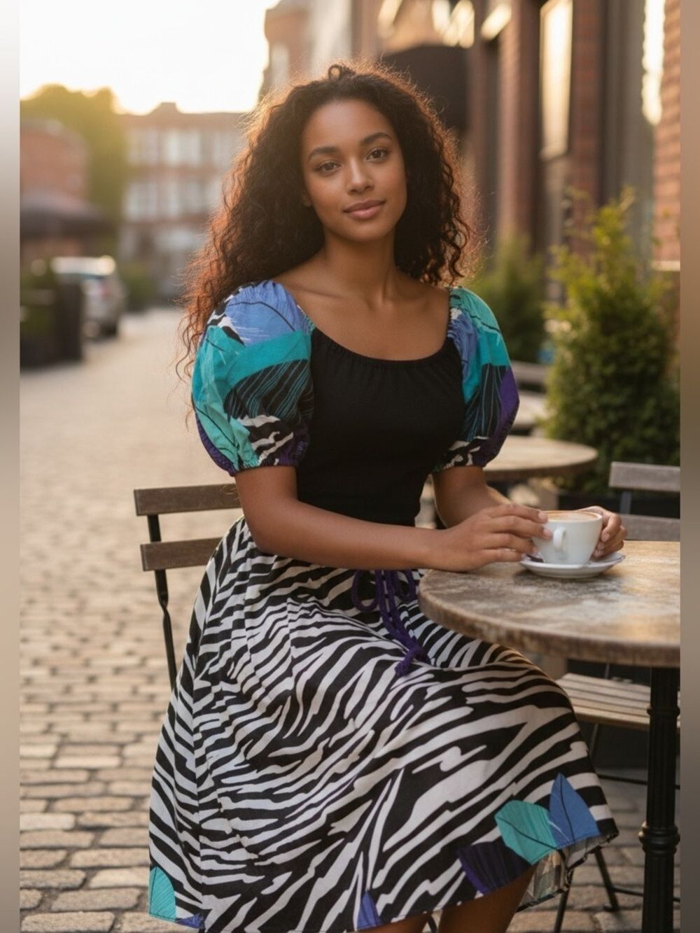 80s DOTTI ZEBRA PRINT MIDI DRESS W FLORAL TROPICAL PRINT PUFFED SLEEVE SZ 8 - Picture 3 of 7